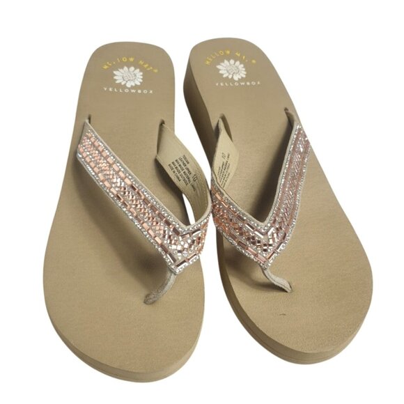 Yellow Box Womens Toscani Leather Sandals 10 Beige Wedge Embellished Flip Flops - Picture 1 of 6
